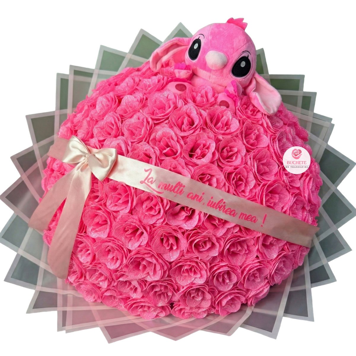 Buchet-101-trandafiri-cu-sclipici Si Stitch-1 101 Trandafiri cu sclipici si Stitch Roz